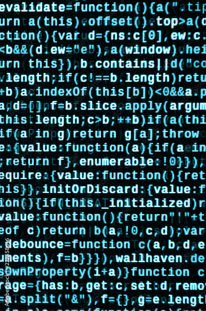 JavaScript code in text editor. Coding cyberspace concept. Screen of ...