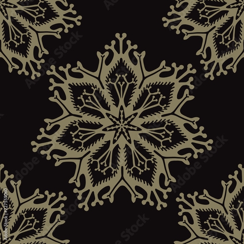 Arabesque Snowflake Mandala Seamless Vector Pattern, Hand Drawn Boho Ornament Flourish Illustration for Trendy Home Decor, Yoga Fashion Prints, Indian Style Henna Tattoo Designs. Meditation Backdrop.