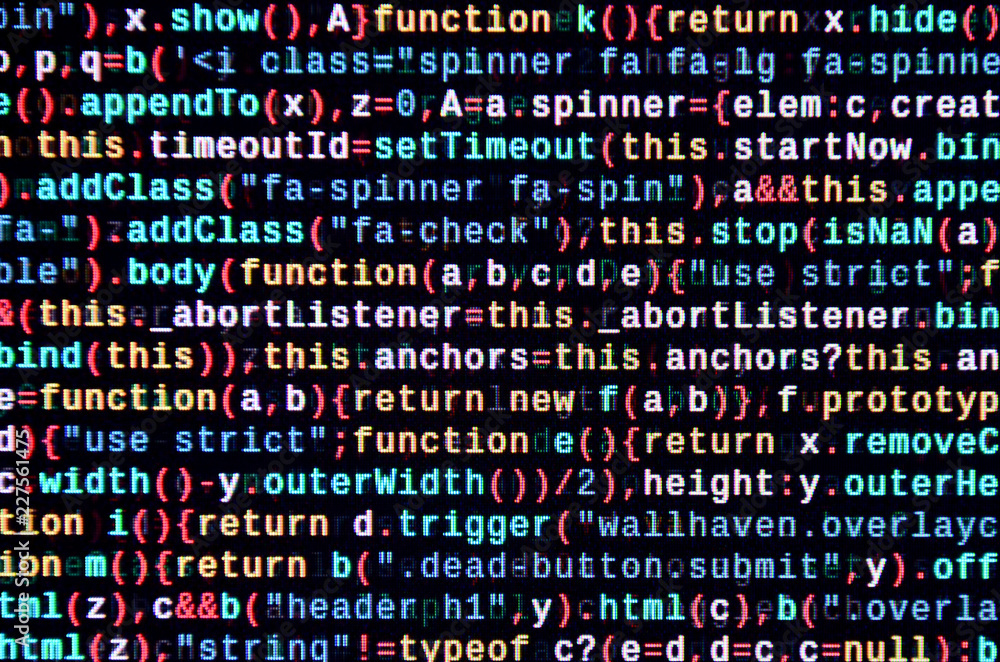 JavaScript code in text editor. Coding cyberspace concept. Screen of ...
