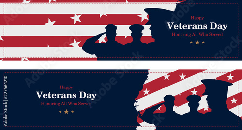 Happy Veterans Day. Greeting card with USA flag, map and soldiers on background. National American holiday event. Flat vector illustration EPS10