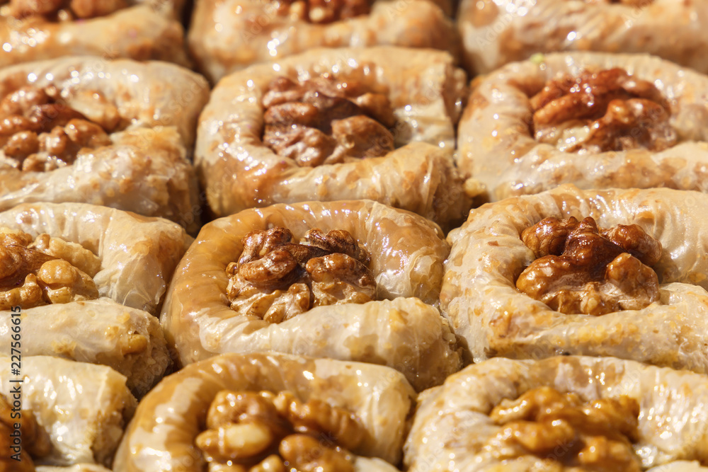 Traditional Turkish dessert baklava with nuts and honey. Close-up
