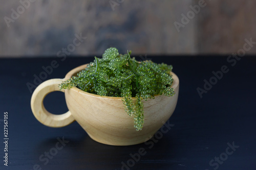 Sea grapes ( green caviar ) seaweed, Healthy food on cup isolate on table
 photo