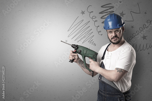 Handyman with tool in his hand and hand drawn lines above.