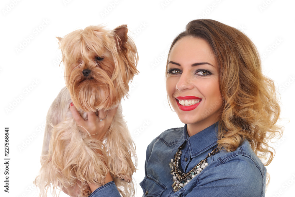young positive woman with yorkshire terrier dog young positive woman with yorkshire terrier dog