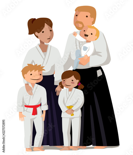 Family in uniform. Colorful vector flat illustration. Suitable for oriental martial arts such as aikido, judo, karate, jiu-jitsu, budo