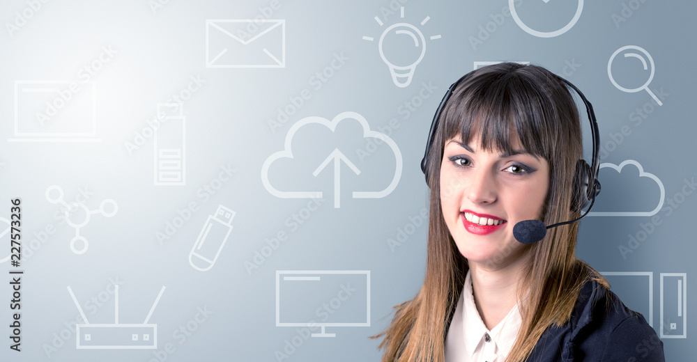 Young female telemarketer with white mixed media icons around her Young female telemarketer with white mixed media icons around her