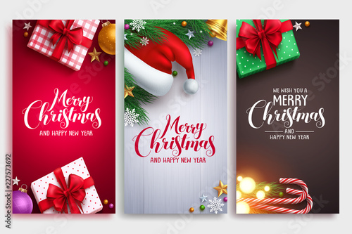 Christmas vector poster design set with colorful elements and merry christmas greeting text in an empty space. Vector illustration.
