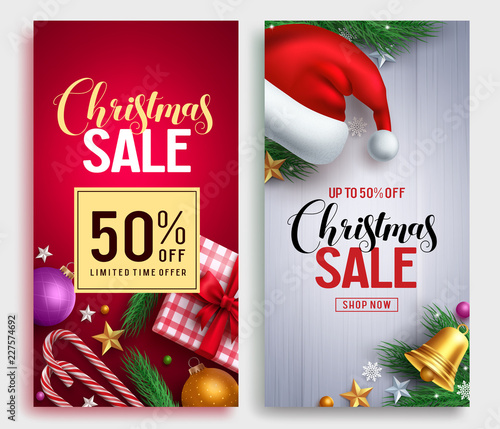 Christmas sale vector poster design set with sale promotional text and colorful christmas elements in red and white background. Vector illustration.
