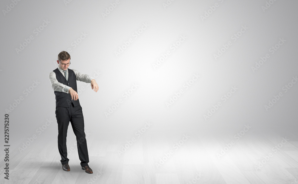 Zombi, sleepy maniac businessman walking in a copy space
Zombi, sleepy maniac businessman walking in a copy space