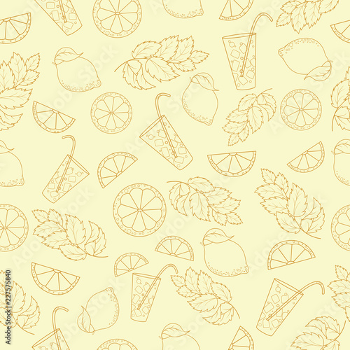 Seamless pattern of cold cocktail with lemon and mint leaves. Vector illustration.Outline drawing