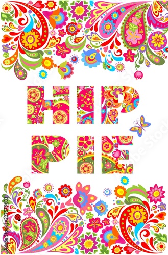 Colorful hippie flowers lettering print and floral border for summery t shirt design on white background. Patchwork style