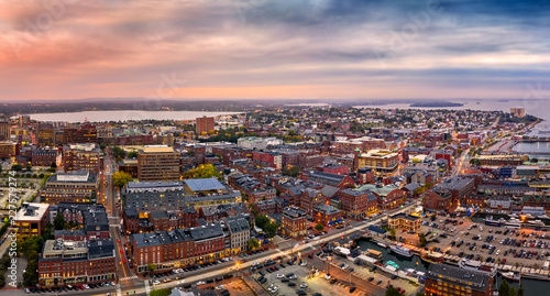 Aerial panorama of Portland, Maine at dusk