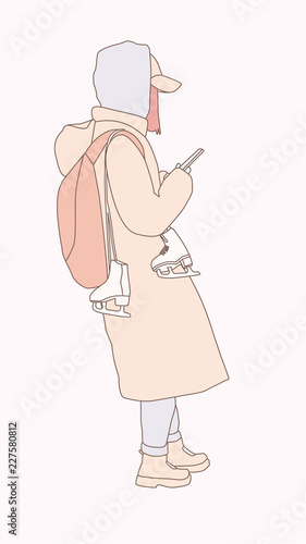 Girl with skates and a phone in her hands. hand drawn style vector doodle design illustrations on white background.