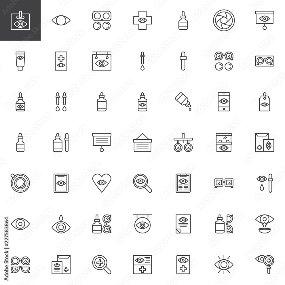 Optometrist outline icons set. linear style symbols collection, line signs pack. vector graphics. Set includes icons as Contact lens, Ophthalmology cream, Eye drops, Magnifying glass, Medical history Optometrist outline icons set. linear style symbols collection, line signs pack. vector graphics. Set includes icons as Contact lens, Ophthalmology cream, Eye drops, Magnifying glass, Medical history