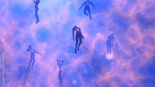 People floating, rising into space , heavens. Astral plane.Silhouette.3d rendering
