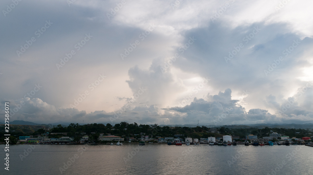 Storm clouds developing over waterfront, Honiara, Guadalcanal, Solomon Islands