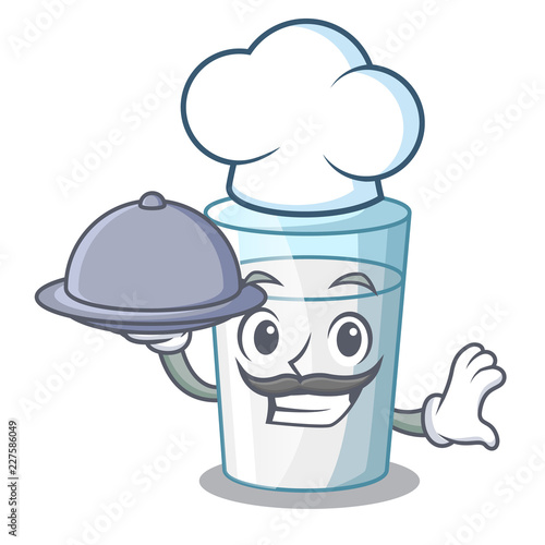 Chef with food fresh milk glass in cartoon table