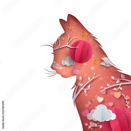Cartoon paper cat illustration. Heart Air balloon. Vector eps 10