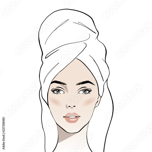 Beautiful young woman face with white towel on her head. Hand drawn beautiful woman portrait. Fashion woman with bath towel on her head. Sketch. Vector illustration. Spa beauty concept