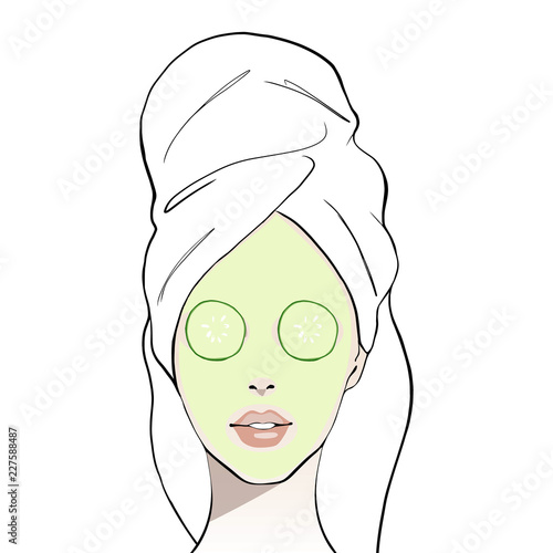 Woman with a cosmetic face mask with cucumber. Beautiful young girl face with white towel on her head. Hand drawn woman portrait. Fashion, beauty. Sketch drawing. Spa concept Vector illustration.