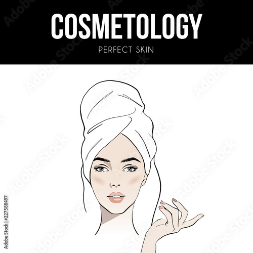 Woman with hair wrapped in white bath towel showing perfect facial skin. Cosmetology. Perfect skin. Beauty spa concept. Portrait beautiful attractive girl model with hand. Fashion, sketch drawing.