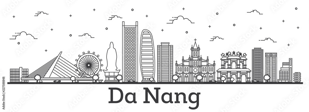 Outline Da Nang Vietnam City Skyline with Historic Buildings Isolated on White. Outline Da Nang Vietnam City Skyline with Historic Buildings Isolated on White.
