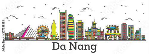 Outline Da Nang Vietnam City Skyline with Color Buildings Isolated on White.