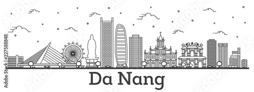 Outline Da Nang Vietnam City Skyline with Historic Buildings Isolated on White.