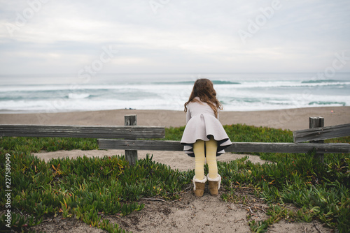 A little girl looking over a fence at the ocean below photo