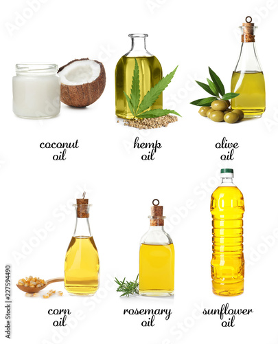 Set with bottles of different oils on white background