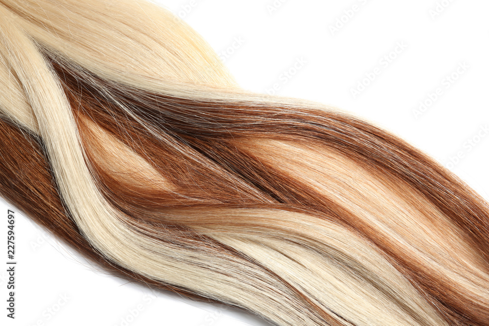 Strands of different color hair on white background Strands of different color hair on white background