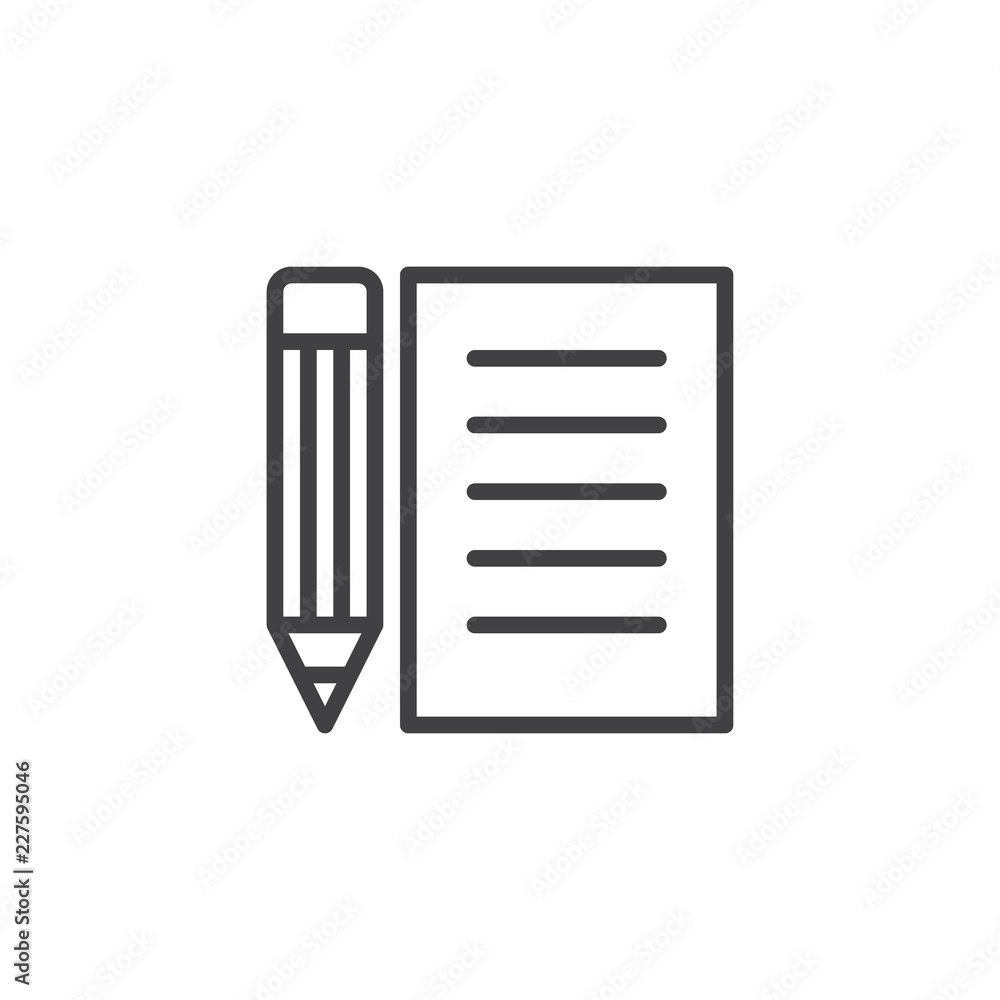 Paper and pencil outline icon. linear style sign for mobile concept and web design. Contract paper and pen simple line vector icon. Form symbol, logo illustration. Vector graphics Paper and pencil outline icon. linear style sign for mobile concept and web design. Contract paper and pen simple line vector icon. Form symbol, logo illustration. Vector graphics
