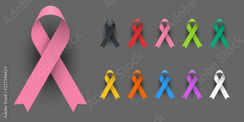 Realistic Colorful Awareness Ribbons Design Element Banner Emblem Sign Symbol Vector Illustration Various Colors on Dark Background
