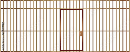 A front view of the bars of a jail cell with iron bars and a door on an isolated background vector eps 10