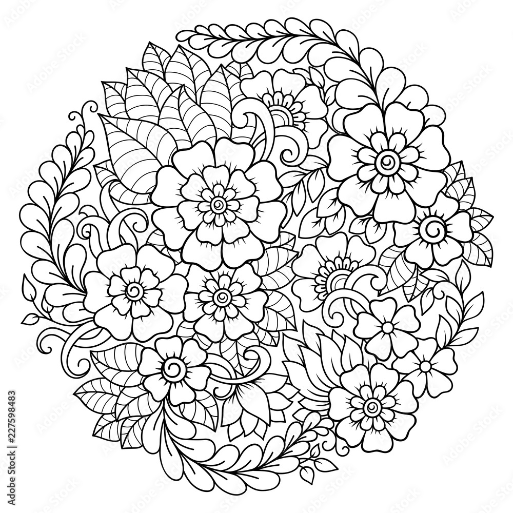 Outline round floral pattern for coloring the book page. Antistress ...