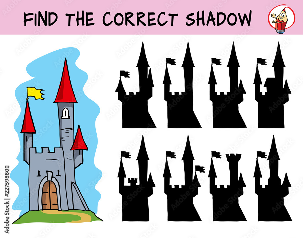 Medieval castle. Find the correct shadow. Educational matching game for children. Cartoon vector illustration