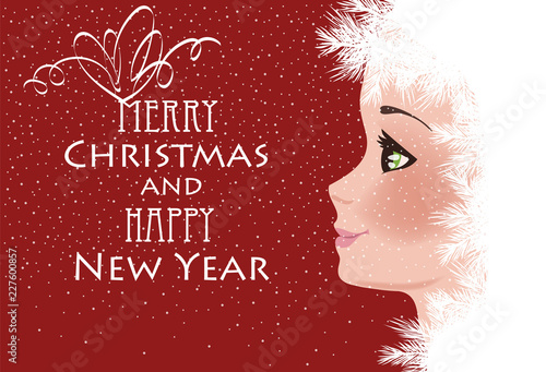 The girl in the fur hat and snowflakes. Christmas composition