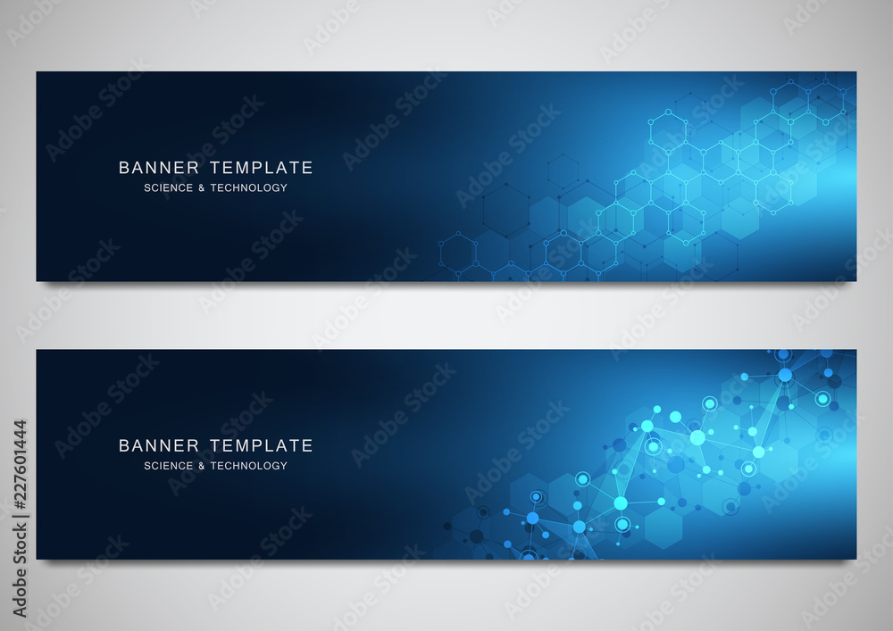 Scientific and technological vector banners. Abstract background with molecular structures. Scientific and technological vector banners. Abstract background with molecular structures.