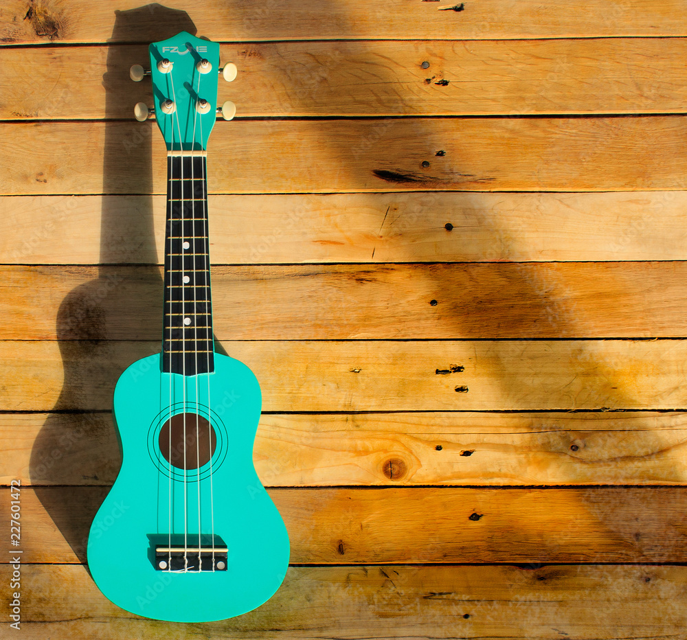 Fototapeta premium Photo shot of guitar, ukulele on wooden background. Music card, picture, poster.