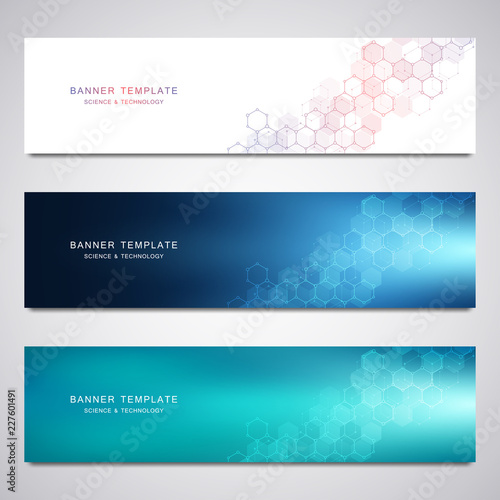 Vector banners for science and digital technology. Geometric abstract background with hexagons design. Molecular structure and chemical compounds.