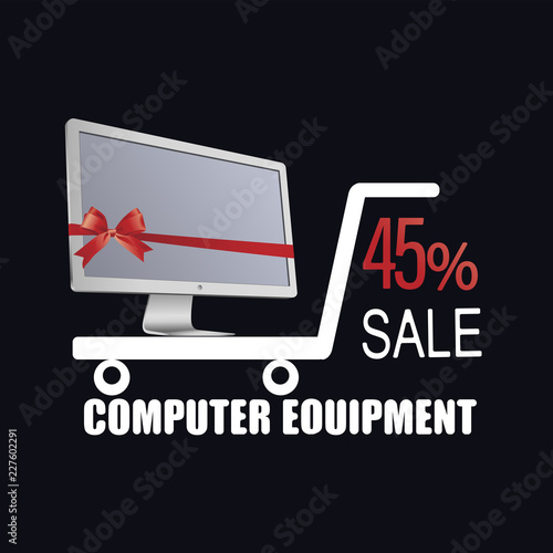 White monitor with red ribbon and bow. COMPUTER EQUIPMENT. Sale. Offer of the transaction. The concept of notice of sale, e-commerce, delivery service. Modern design icons
