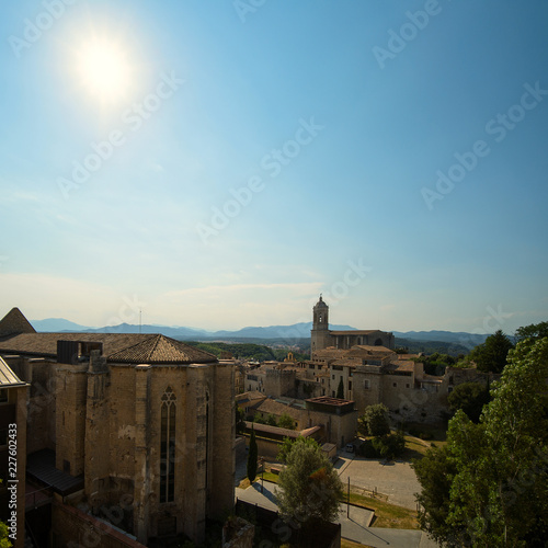 Aerial View of the medieval city of Girona with the Cathedral of Girona, Spain.