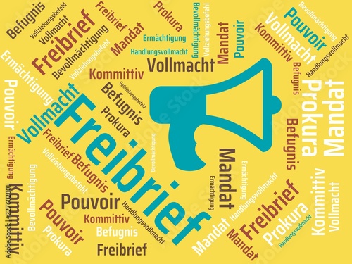 Das Wort - Freibrief - abgebildet in einer Wortwolke mit zusammenhängenden Wörtern