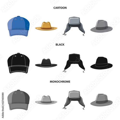 Vector illustration of headgear and cap symbol. Set of headgear and accessory stock vector illustration.