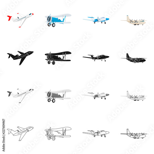 Vector illustration of plane and transport sign. Set of plane and sky stock symbol for web.