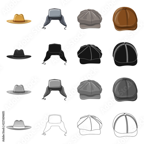 Vector illustration of headgear and cap icon. Set of headgear and accessory vector icon for stock.