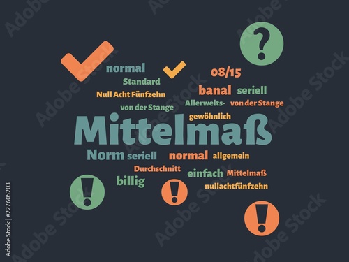 Das Wort - Mittelmaß - abgebildet in einer Wortwolke mit zusammenhängenden Wörtern