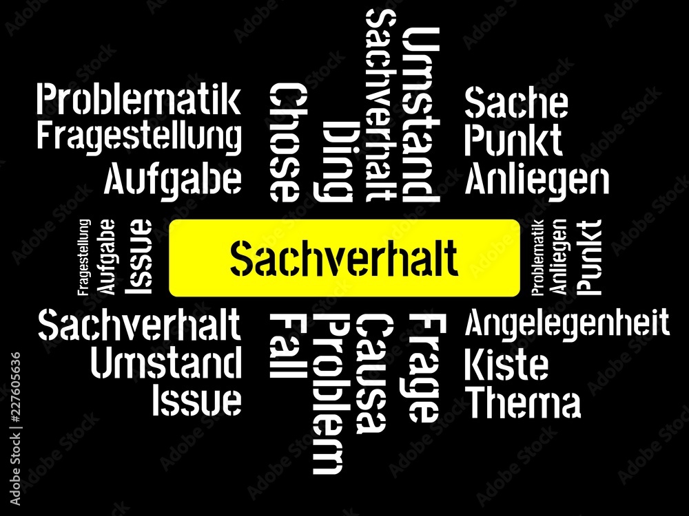 Das Wort - Sachverhalt - abgebildet in einer Wortwolke mit zusammenhängenden Wörtern