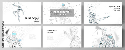The minimalistic abstract vector illustration of the editable layout of the presentation slides design business templates. Man with glasses of virtual reality. Abstract vr, future technology concept.