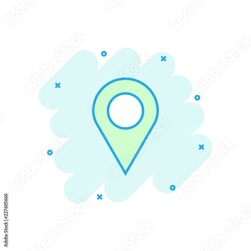 Vector cartoon pin location icon in comic style. Navigation map, gps sign illustration pictogram. Pin business splash effect concept.